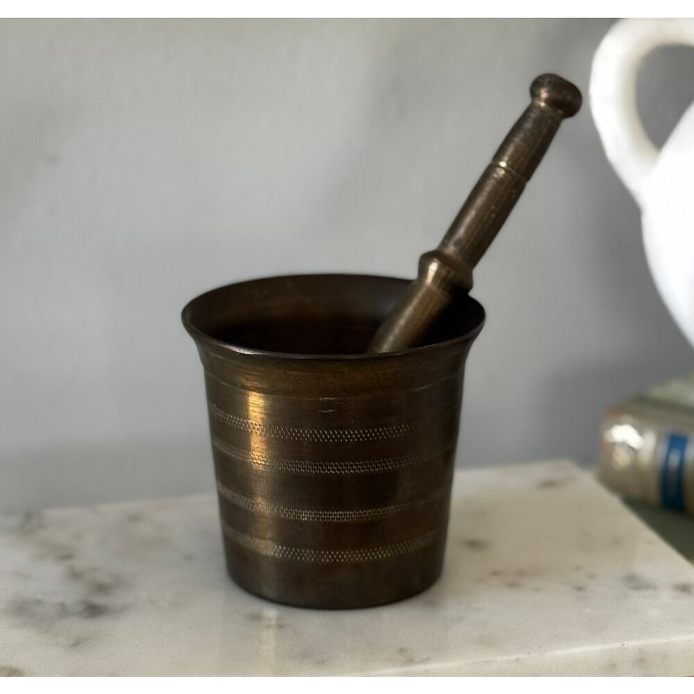 Vintage Solid Brass Mortar and Pestle Heavy Apothecary Kitchen Decor